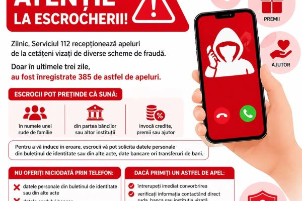 Serviciul Național Unic pentru Apelurile de Urgență 112 atenționează cetățenii asupra creșterii numărului de tentative de fraudă telefonică